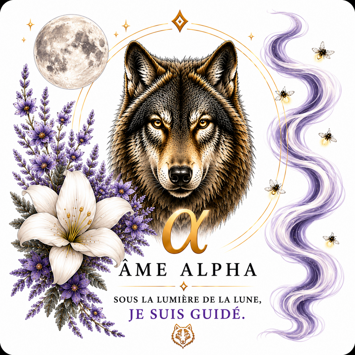 Sous-verre Âme Alpha – Loup au clair de lune, lavande et lys, dos liège – Sublimat Hél23