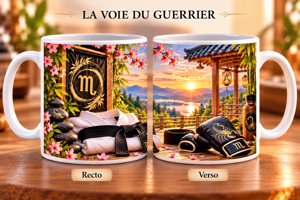 Mug 355 ml signe Scorpion & la Voie du Guerrier – recto kimono ceinture noire et pierres zen avec symbole Scorpion sur fond fleuri, verso gants de boxe Scorpion sur terrasse japonaise au coucher de soleil.