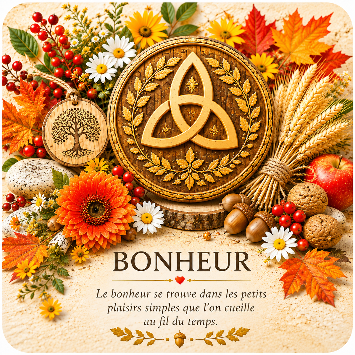 Sous-verre L'Écrin Naturel Bonheur – nœud celtique Triquetra sculpté sur bois entouré de feuilles d'automne, tournesol, baies rouges, épis de blé, glands et pomme, citation "Le bonheur se trouve dans les petits plaisirs simples que l'on cueille au fil du temps", dos liège.