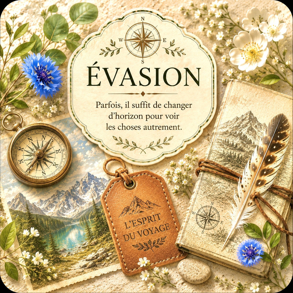 Sous-verre L'Écrin Naturel Évasion – boussole ancienne, carnet de voyage avec carte et plumes, étiquette cuir "L'Esprit du Voyage", photo de lac de montagne et fleurs blanches et bleuets, citation "Évasion – Parfois il suffit de changer d'horizon pour voir les choses autrement", dos liège.