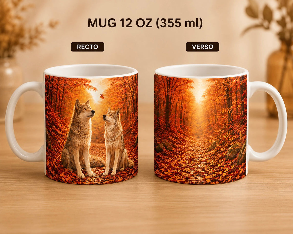 Mug céramique 12 oz (355 ml) – Loup Alpha en automne, impression recto/verso – Sublimat Hél23