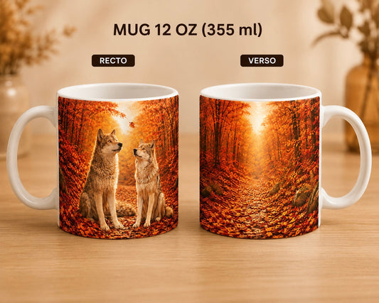 Mug céramique 12 oz (355 ml) – Loup Alpha en automne, impression recto/verso – Sublimat Hél23