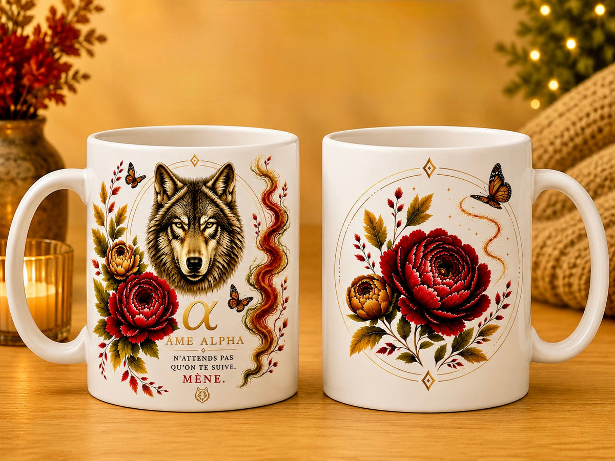 Mug céramique 12 oz (355 ml) – Loup Âme Alpha en automne, impression recto/verso – Sublimat Hél23