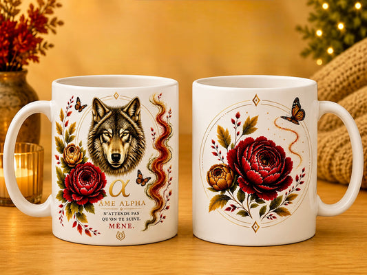 Mug céramique 12 oz (355 ml) – Loup Âme Alpha en automne, impression recto/verso – Sublimat Hél23