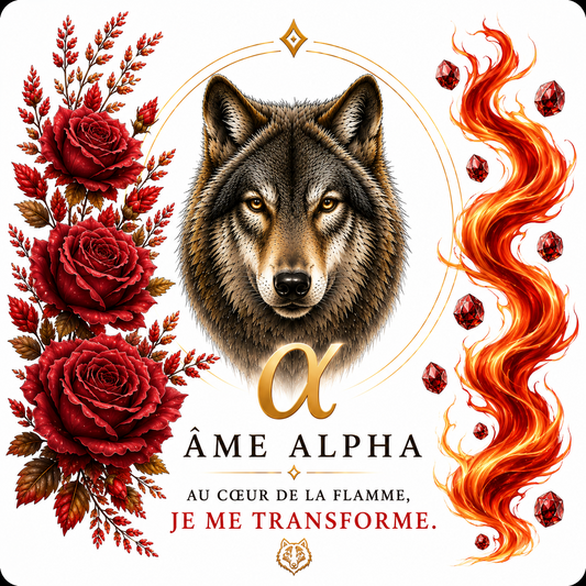 Sous-verre Âme Alpha – Loup au cœur des flammes, roses et grenats, dos liège – Sublimat Hél23
