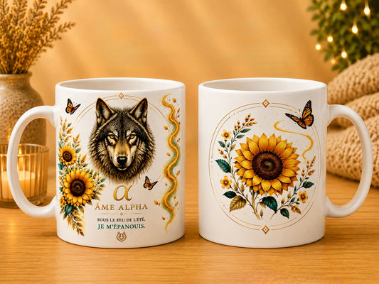 Mug céramique 12 oz (355 ml) – Loup Âme Alpha en été, impression recto/verso – Sublimat Hél23