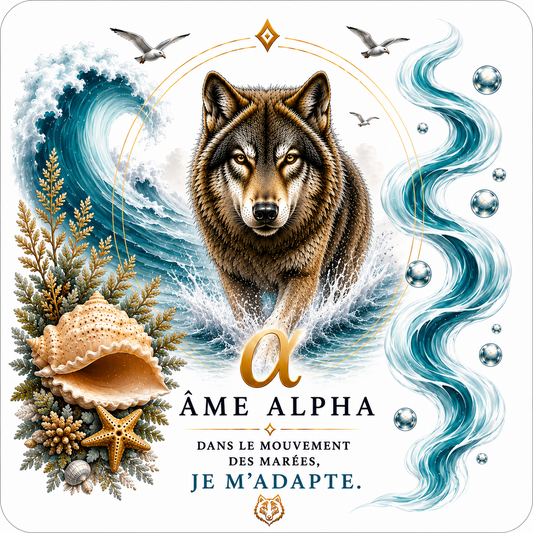 Sous-verre Âme Alpha – Loup dans les vagues, coquillage et étoile de mer, dos liège – Sublimat Hél23