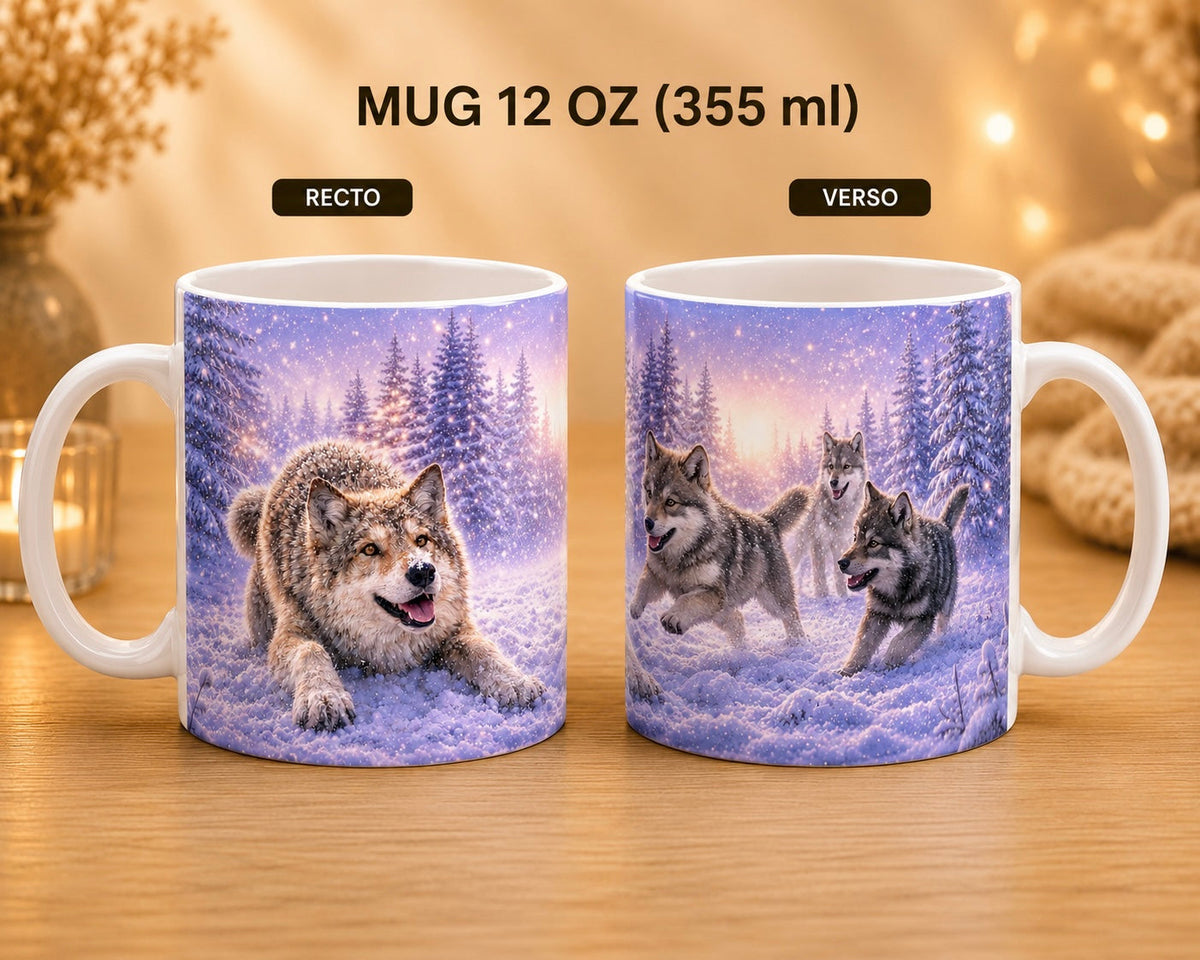 Mug céramique 12 oz (355 ml) – Loup Alpha en hiver, impression recto/verso – Sublimat Hél23