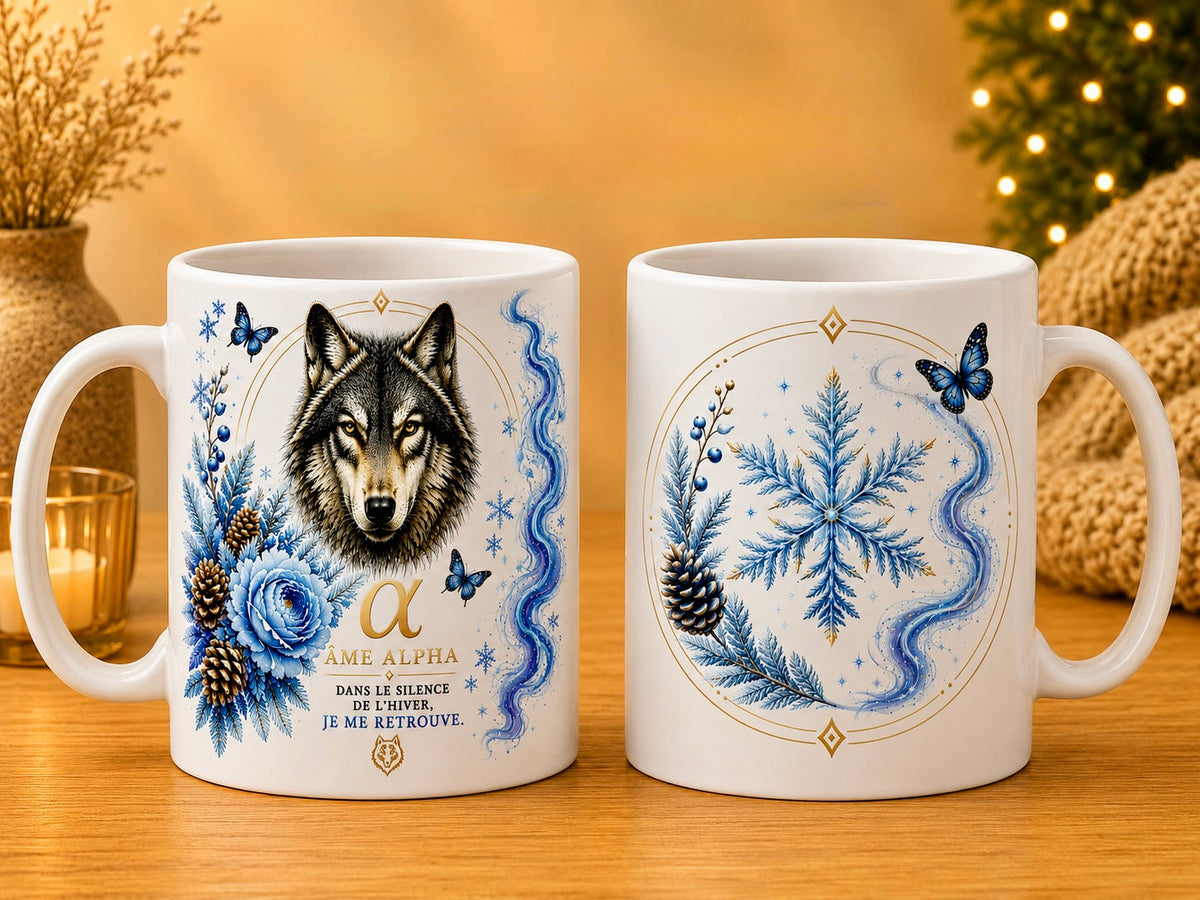 Mug céramique 12 oz (355 ml) – Loup Âme Alpha en hiver, impression recto/verso – Sublimat Hél23