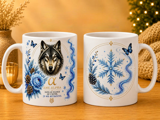 Mug céramique 12 oz (355 ml) – Loup Âme Alpha en hiver, impression recto/verso – Sublimat Hél23