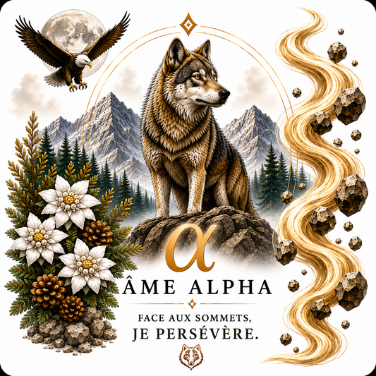 Sous-verre Âme Alpha – Loup sur un rocher, edelweiss et aigle, dos liège – Sublimat Hél23