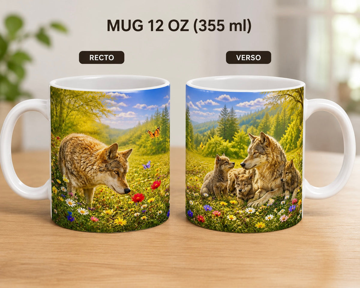Mug céramique 12 oz (355 ml) – Loup Alpha au printemps, impression recto/verso – Sublimat Hél23