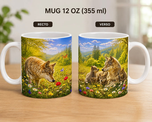 Mug céramique 12 oz (355 ml) – Loup Alpha au printemps, impression recto/verso – Sublimat Hél23