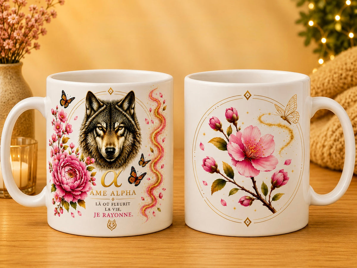 Mug céramique 12 oz (355 ml) – Loup Âme Alpha au printemps, impression recto/verso – Sublimat Hél23