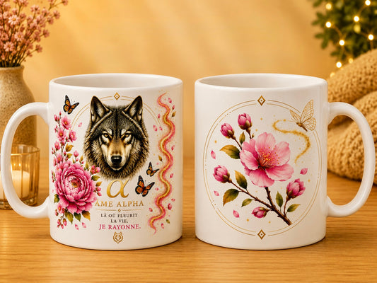 Mug céramique 12 oz (355 ml) – Loup Âme Alpha au printemps, impression recto/verso – Sublimat Hél23