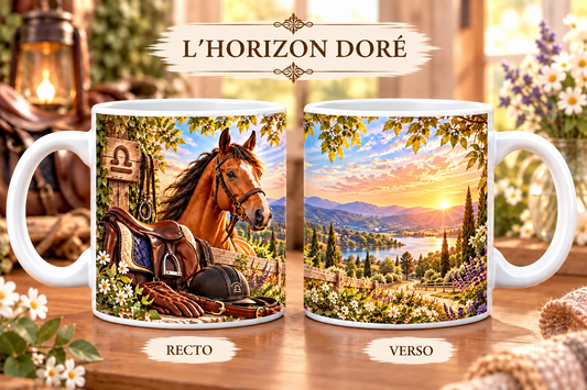 Mug 355 ml signe Balance & l'Horizon Doré – recto cheval alezan avec selle et équipement équestre près d'une clôture fleurie et symbole Balance, verso paysage champêtre doré avec lac et cyprès au coucher de soleil.
