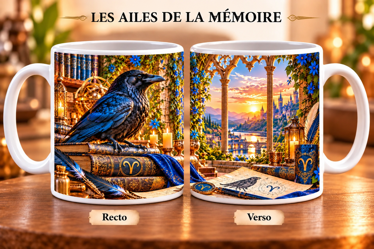 Mug 355 ml signe Bélier & les Ailes de la Mémoire – recto corbeau bleu sur livres anciens avec symbole Bélier doré et bougies, verso vue sur château au coucher de soleil avec plume et parchemin.
