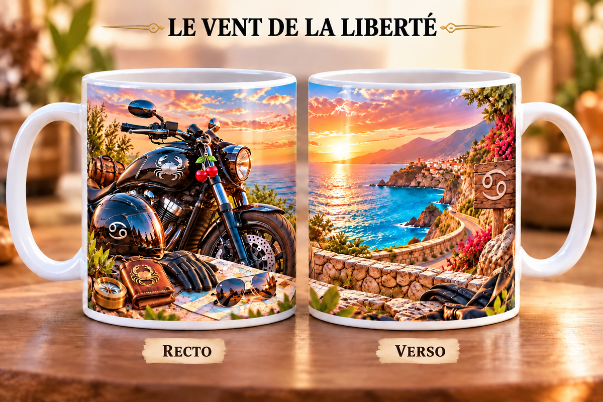 Mug 355 ml signe Cancer & le Vent de la Liberté – recto moto noire avec symbole Cancer, casque, gants et carte routière au coucher de soleil, verso route côtière méditerranéenne avec falaises fleuries et mer turquoise.
