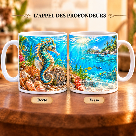 Mug 355 ml signe Capricorne & l'Appel des Profondeurs – recto hippocampe fantastique doré avec symbole Capricorne dans un récif corallien coloré, verso paysage sous-marin tropical avec poissons et rayons de soleil.

