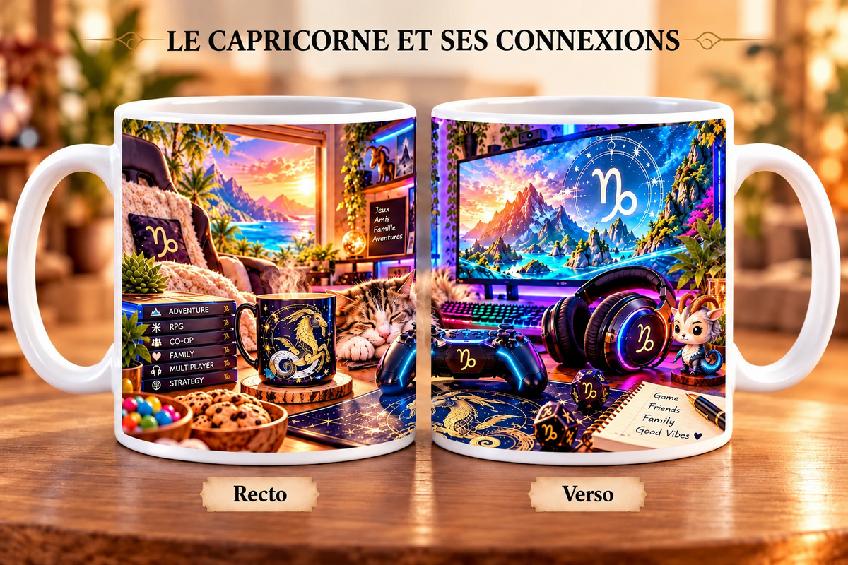 Mug 355 ml signe Capricorne & ses Connexions – recto salon gaming cosy avec jeux de société, chat endormi et symbole Capricorne, verso setup gamer avec écran, casque audio et figurine Capricorne sur fond néon.
