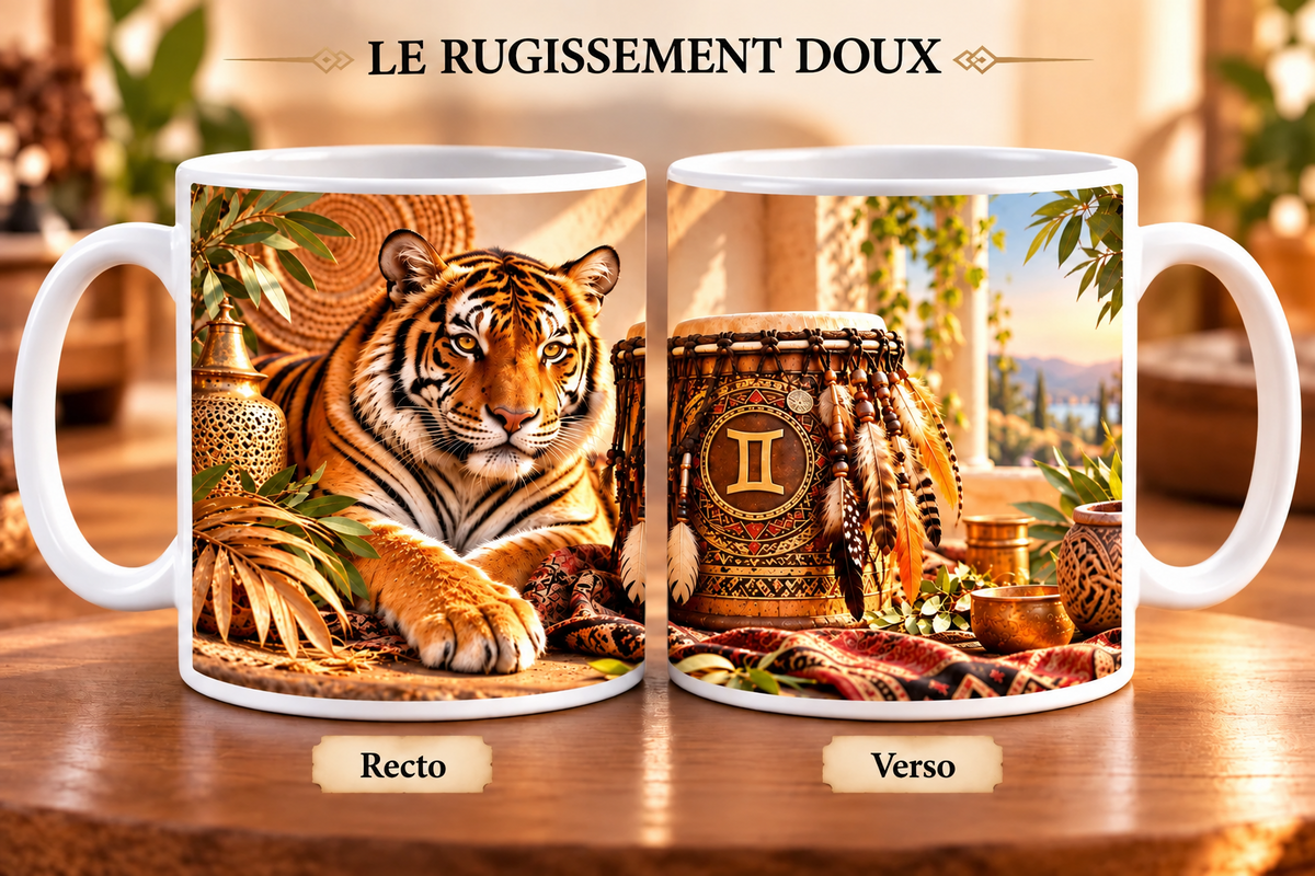 Mug 355 ml signe Gémeaux & le Rugissement Doux – recto tigre majestueux dans un décor oriental et végétal, verso djembé orné du symbole Gémeaux avec plumes et tissus colorés.

