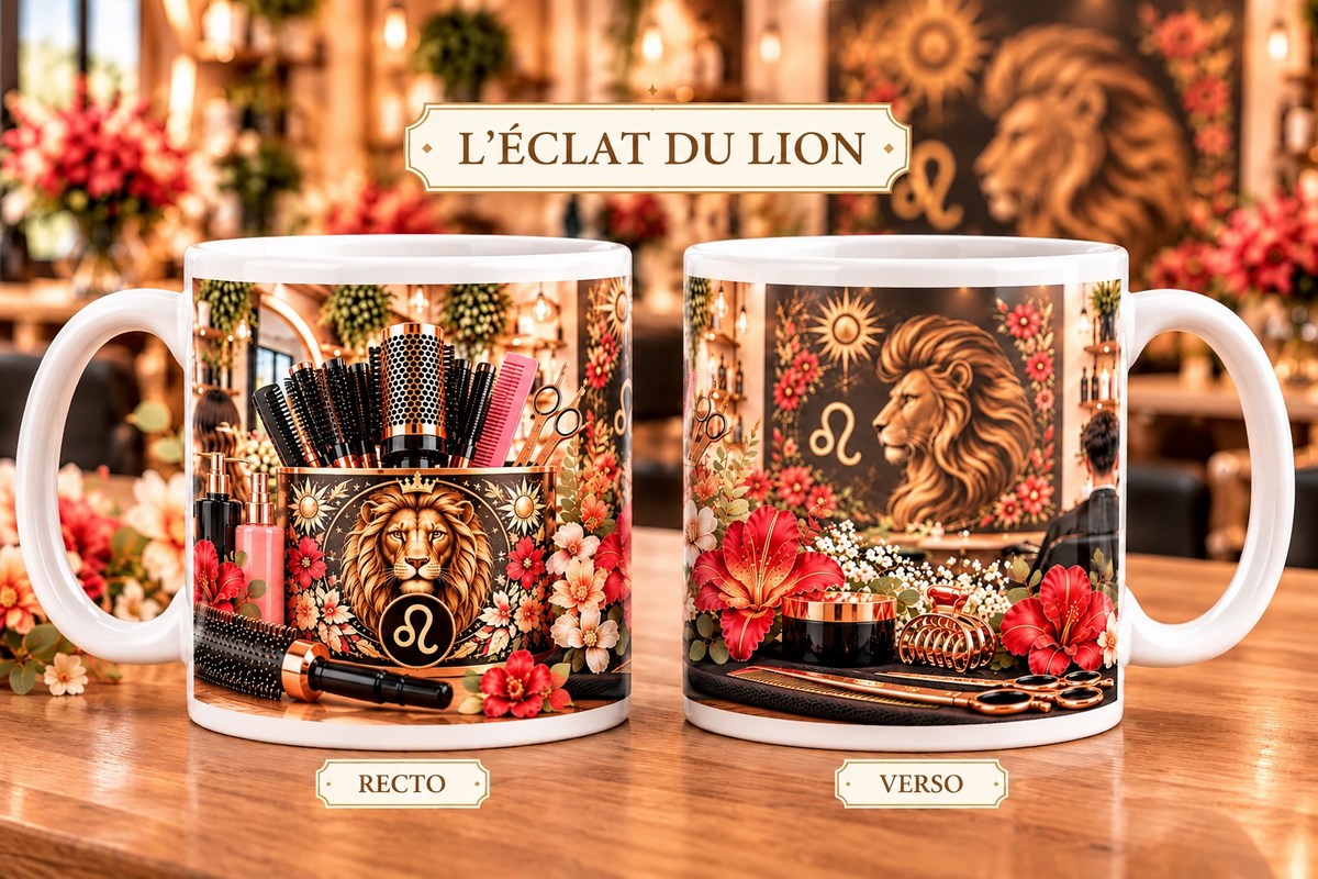 Mug 355 ml signe Lion & l'Éclat du Lion – recto outils de coiffure (brosses, ciseaux, sprays) avec lion couronné et symbole Lion sur fond fleuri rouge, verso lion doré majestueux avec ciseaux et accessoires coiffure sur fond sombre.
