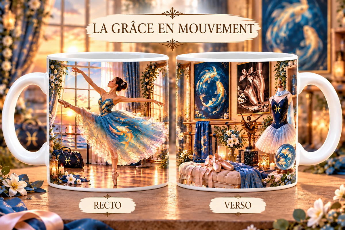 Mug 355 ml signe Poissons & la Grâce en Mouvement – recto ballerine en robe bleue ornée de poissons en arabesque au coucher de soleil avec symbole Poissons, verso loge de danseuse avec tutu blanc, chaussons de danse, tableau de poissons et boule de cristal.
