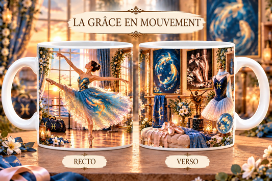 Mug 355 ml signe Poissons & la Grâce en Mouvement – recto ballerine en robe bleue ornée de poissons en arabesque au coucher de soleil avec symbole Poissons, verso loge de danseuse avec tutu blanc, chaussons de danse, tableau de poissons et boule de cristal.
