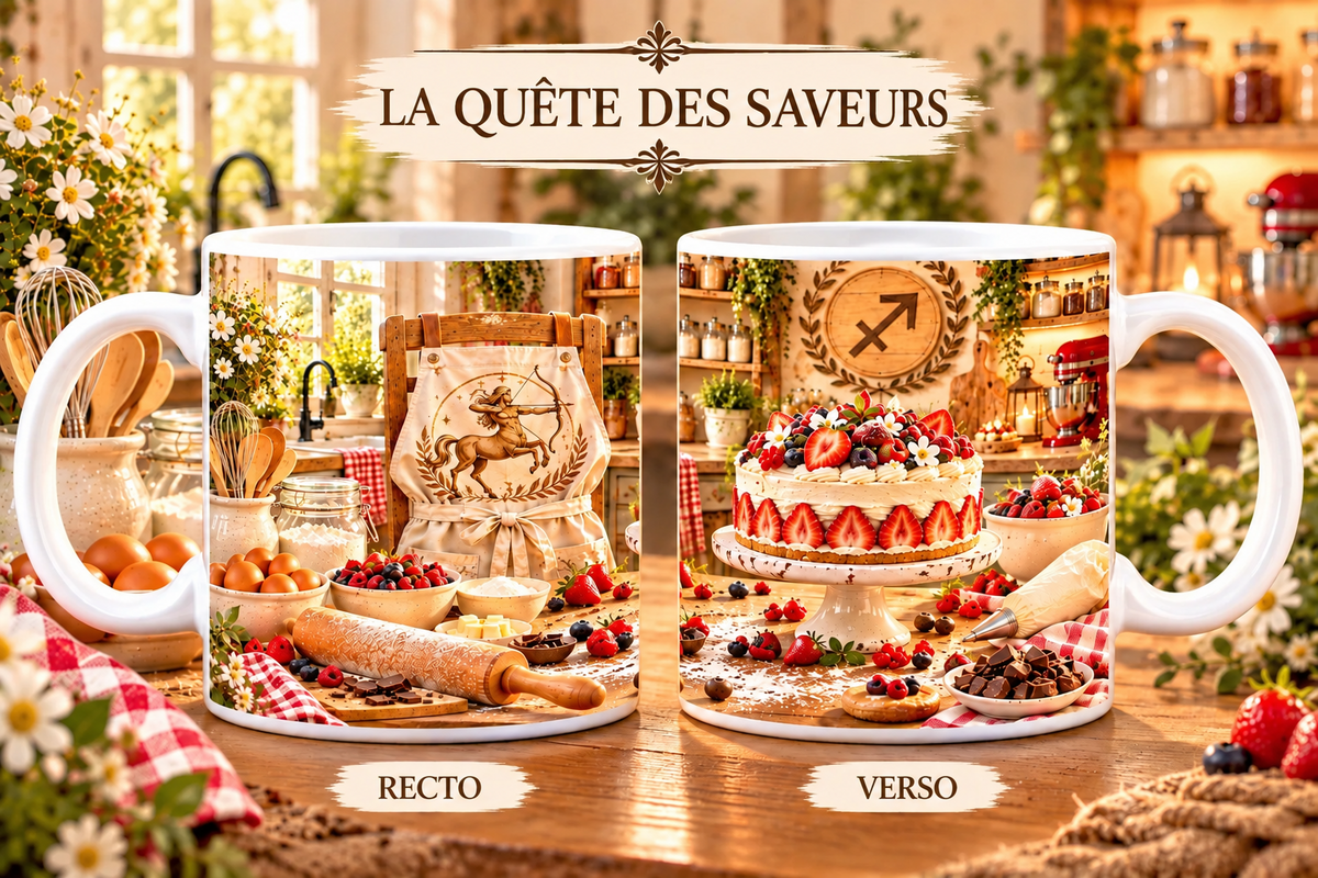 Mug 355 ml signe Sagittaire & la Quête des Saveurs – recto tablier de cuisine avec centaure archer Sagittaire, rouleau à pâtisserie, œufs et fruits rouges, verso gâteau aux fraises et fruits des bois avec symbole Sagittaire dans une cuisine chaleureuse.
