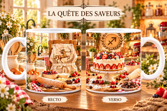 Mug 355 ml signe Sagittaire & la Quête des Saveurs – recto tablier de cuisine avec centaure archer Sagittaire, rouleau à pâtisserie, œufs et fruits rouges, verso gâteau aux fraises et fruits des bois avec symbole Sagittaire dans une cuisine chaleureuse.
