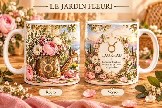 Mug 355 ml signe Taureau & le Jardin Fleuri – recto arrosoir doré orné du symbole Taureau entouré de pivoines roses et fleurs blanches, verso symbole Taureau doré avec citation florale sur fond de paysage toscan.
