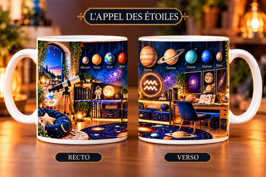 Mug 355 ml signe Verseau & l'Appel des Étoiles – recto salon astronomique avec télescope, planètes suspendues (Mercure, Vénus, Terre, Mars) et tapis système solaire, verso bureau scientifique avec symbole Verseau lumineux et planètes (Jupiter, Saturne, Uranus, Neptune, Pluton).
