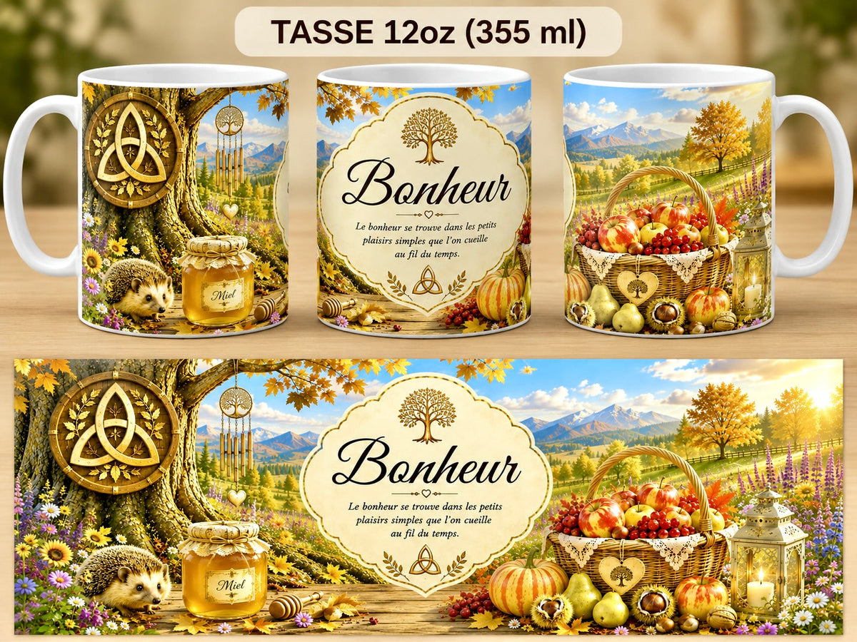 Mug 355 ml L'Écrin Naturel Bonheur – recto nœud celtique Triquetra doré avec hérisson, pot de miel et carillon sur fond automnal fleuri, verso panier de fruits d'automne (pommes, poires, raisins) avec citrouilles et lanterne dans un paysage de montagne.
