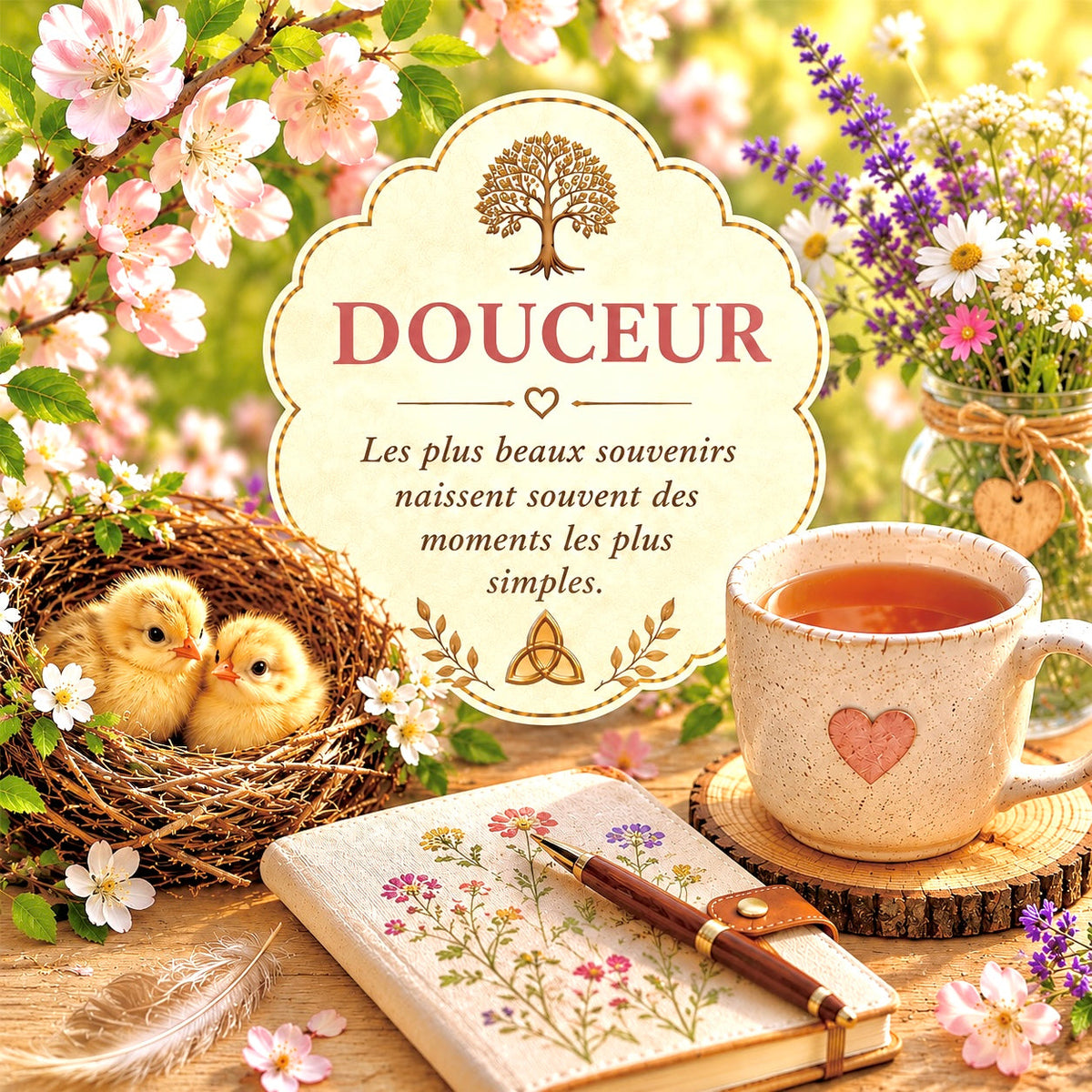 Sous-verre L'Écrin Naturel Douceur – deux poussins dans un nid de fleurs printanières avec tasse de thé en céramique à cœur, carnet fleuri et bouquet de lavande, citation "Les plus beaux souvenirs naissent souvent des moments les plus simples", dos liège.
