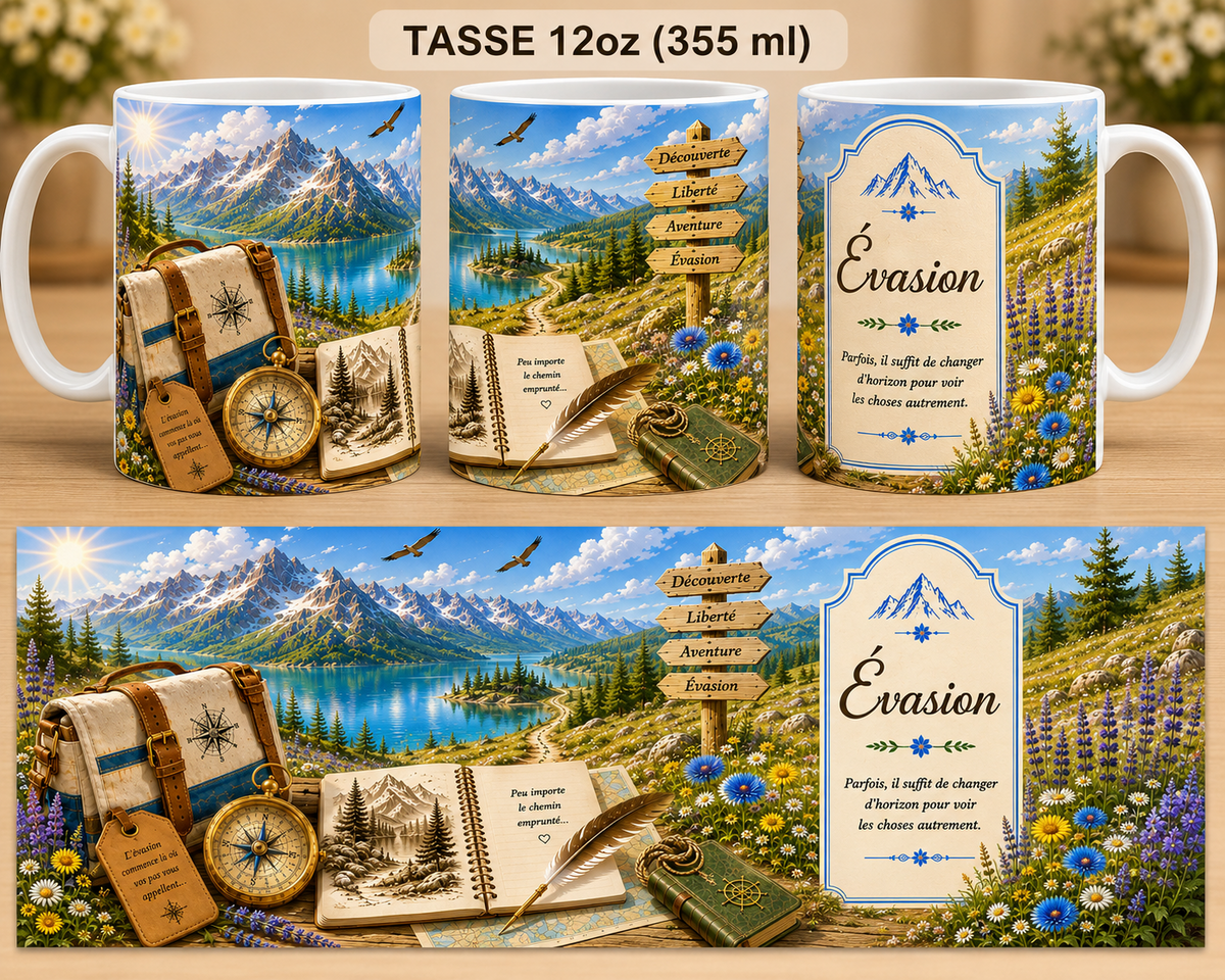 Mug 355 ml L'Écrin Naturel Évasion – recto valise de voyage avec boussole, carnet de croquis et lac de montagne turquoise, centre panneau "Découverte, Liberté, Aventure, Évasion" avec sentier et aigles, verso citation "Évasion – Parfois il suffit de changer d'horizon pour voir les choses autrement" sur prairie fleurie de montagne.
