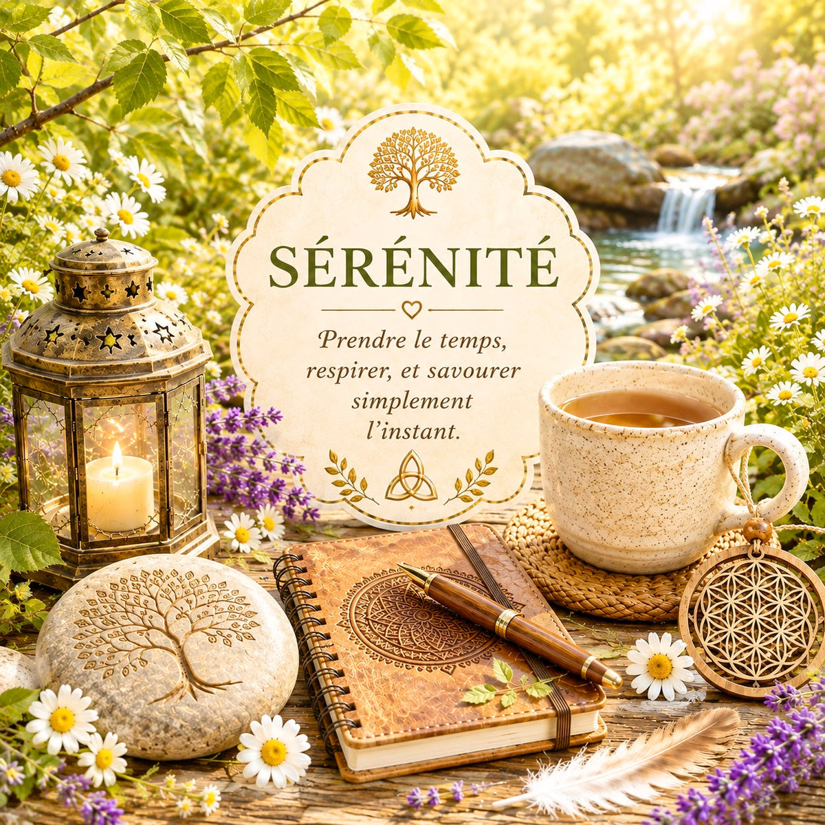 Sous-verre L'Écrin Naturel Sérénité – lanterne dorée allumée, tasse de thé, carnet mandala, galet arbre de vie, pendentif fleur de vie et cascade dans un jardin de marguerites et lavande, citation "Sérénité – Prendre le temps, respirer, et savourer simplement l'instant", dos liège.
