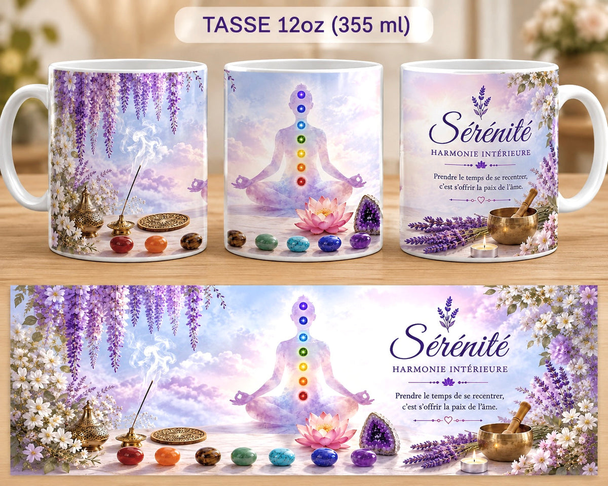 Mug 355 ml L'Écrin Naturel Sérénité – recto silhouette en méditation avec les 7 chakras et leurs pierres (jaspe rouge, cornaline, œil de tigre, aventurine, turquoise, lapis-lazuli, améthyste), verso harmonie intérieure et bien-être sur fond fleuri et lumineux.

