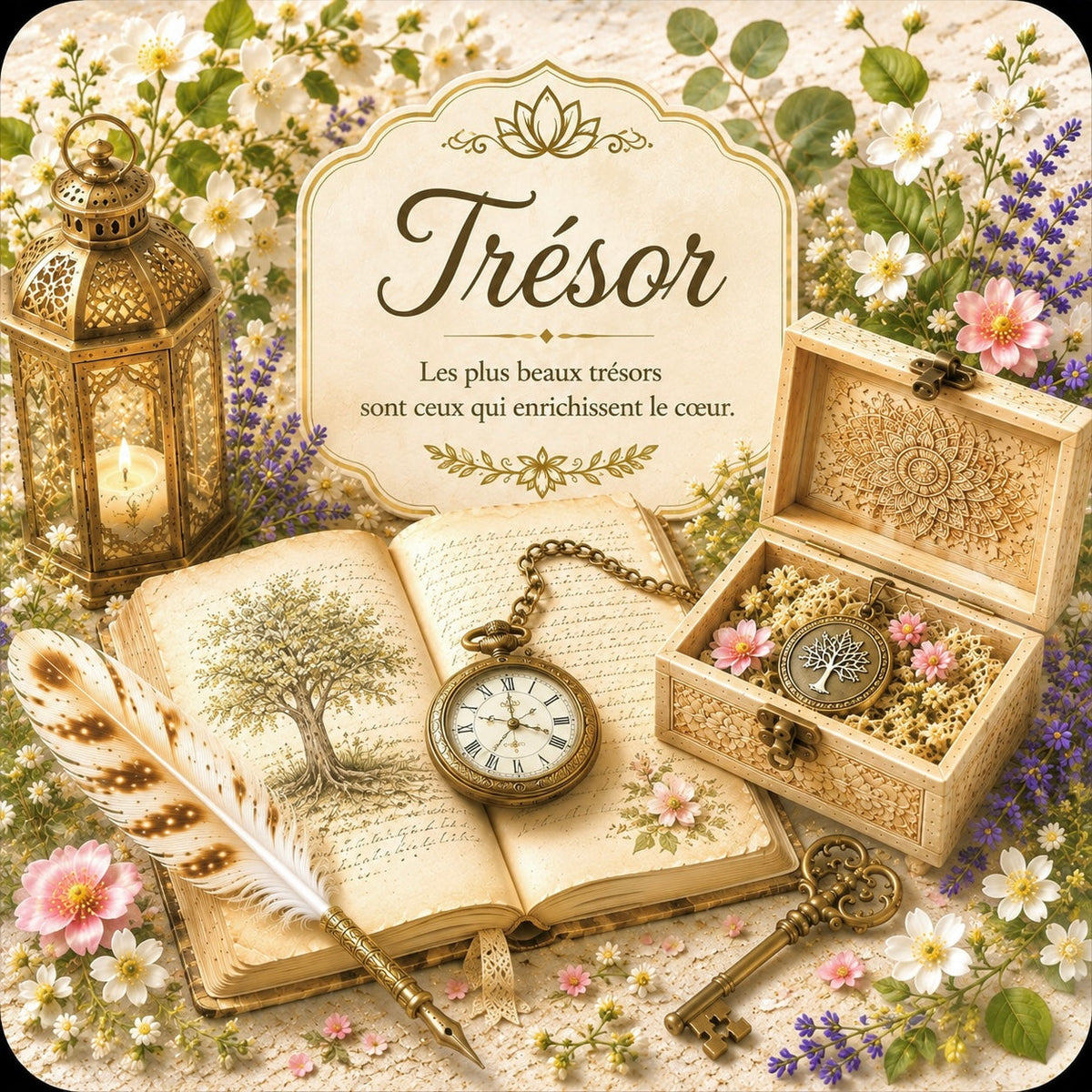Sous-verre L'Écrin Naturel Trésor – lanterne dorée, livre ancien avec arbre de vie, montre de gousset, coffret sculpté et clé ancienne sur fond de fleurs blanches et lavande, citation "Les plus beaux trésors sont ceux qui enrichissent le cœur", dos liège.
