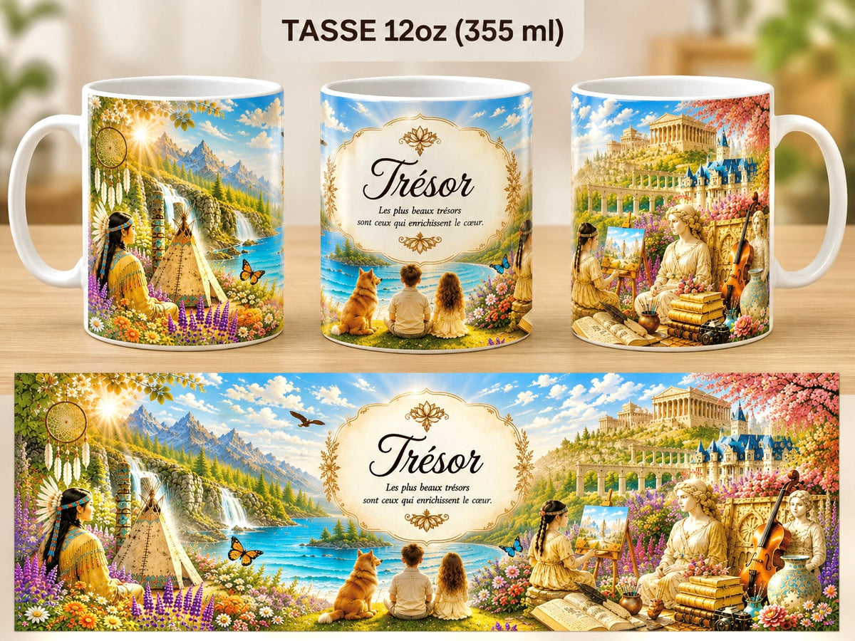 Mug 355 ml L'Écrin Naturel Trésor – recto femme amérindienne près d'un tipi fleuri avec cascade et papillons, centre citation "Les plus beaux trésors sont ceux qui enrichissent le cœur" avec enfants et chien au bord du lac, verso femme peignant près de livres anciens et violon dans un jardin fleuri.

